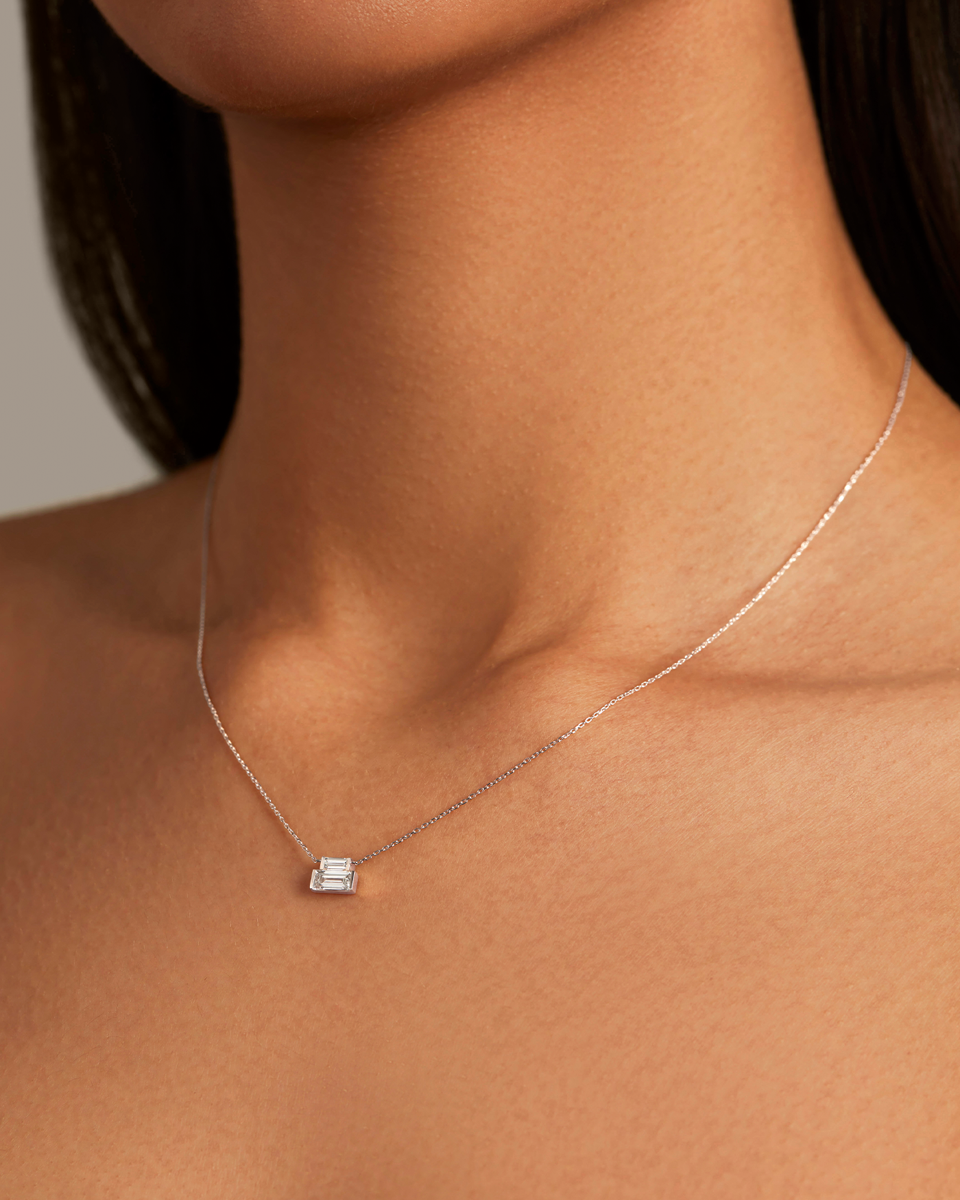 10K White Gold Lab Grown Diamond Stacked Baguette Necklace - 0.30 CTW