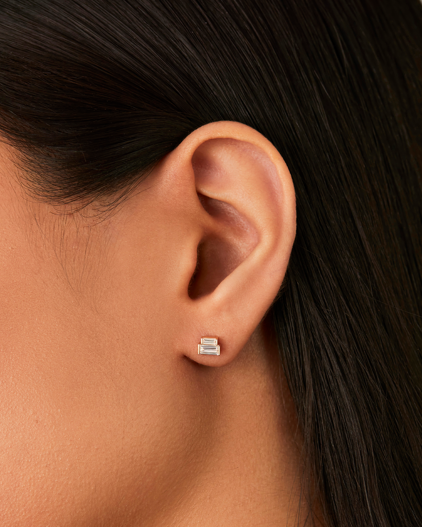 14K Gold Lab Grown Diamond Stacked Baguette Studs