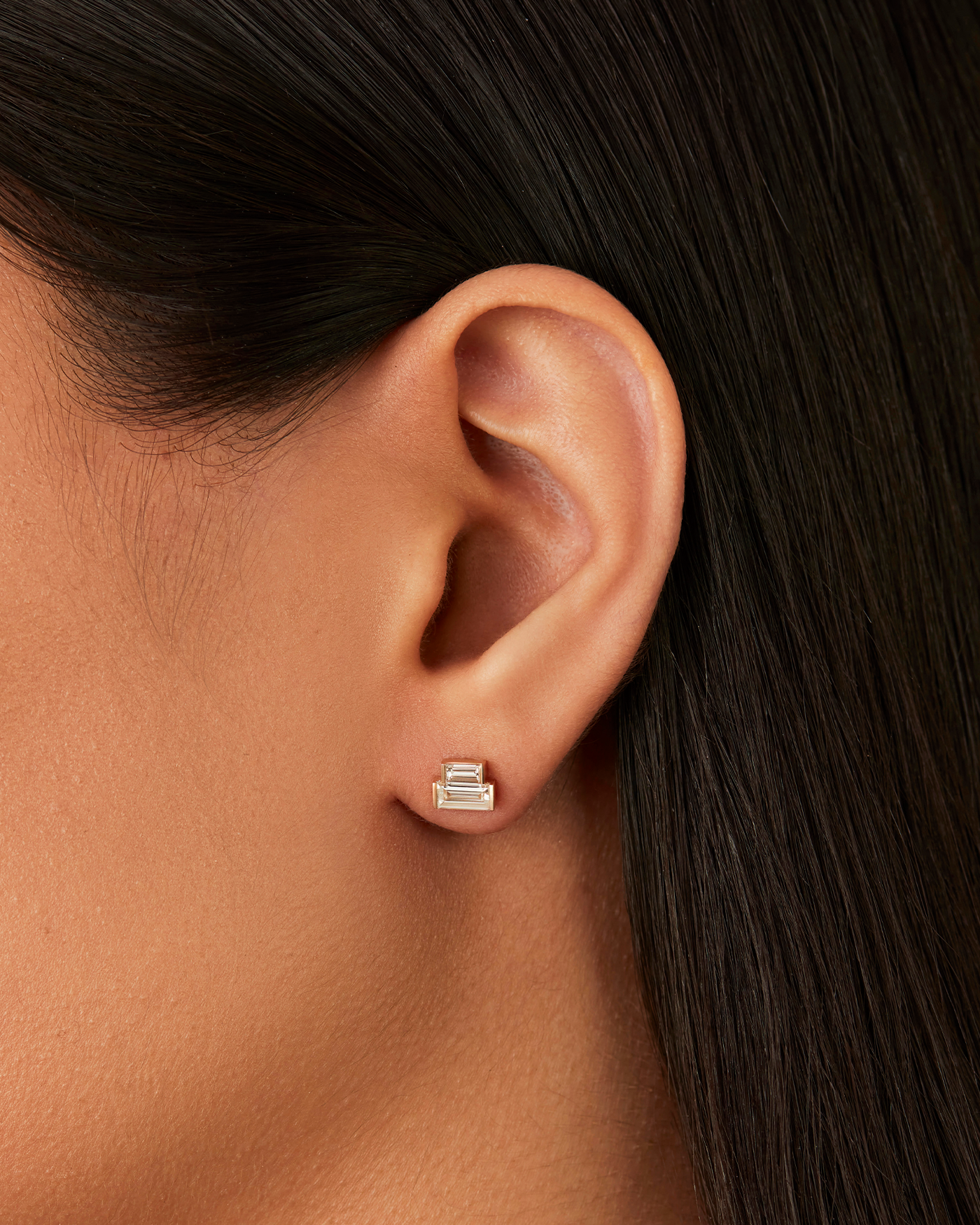 14K Gold Lab Grown Diamond Stacked Baguette Studs