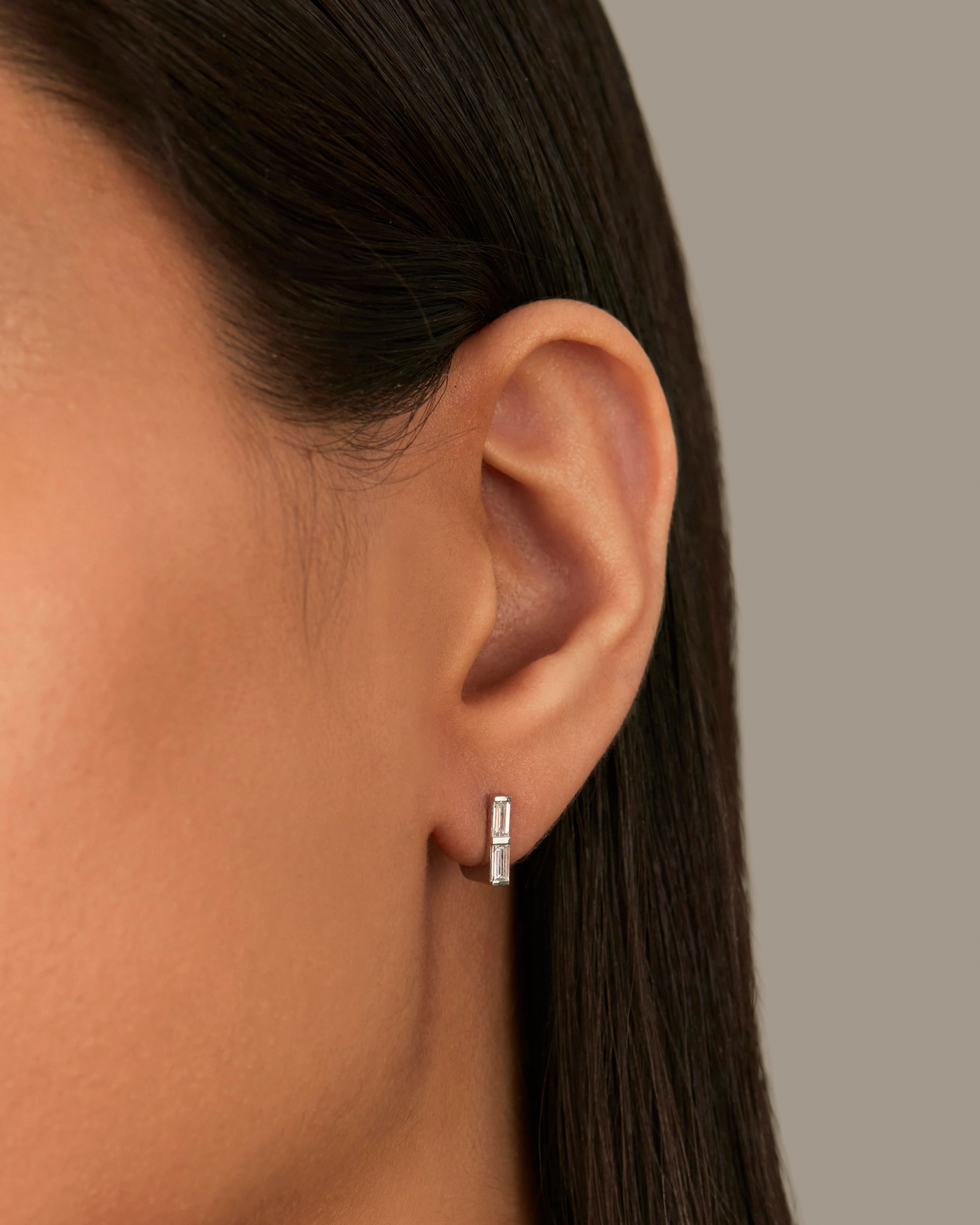 14K White Gold Lab Grown Diamond Stacked Baguette Huggie Earrings