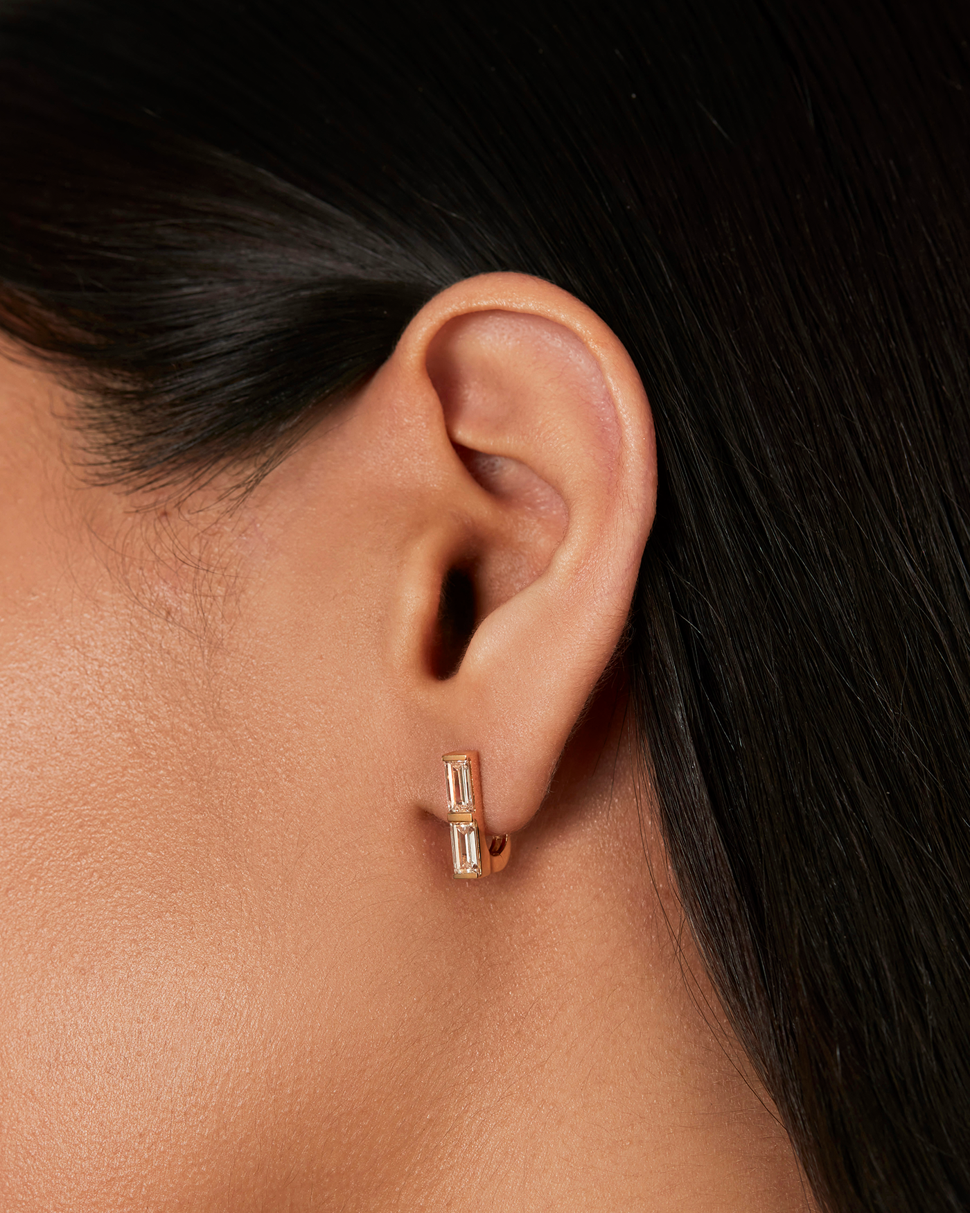 14K Gold Lab Grown Diamond Stacked Baguette Huggie Earrings