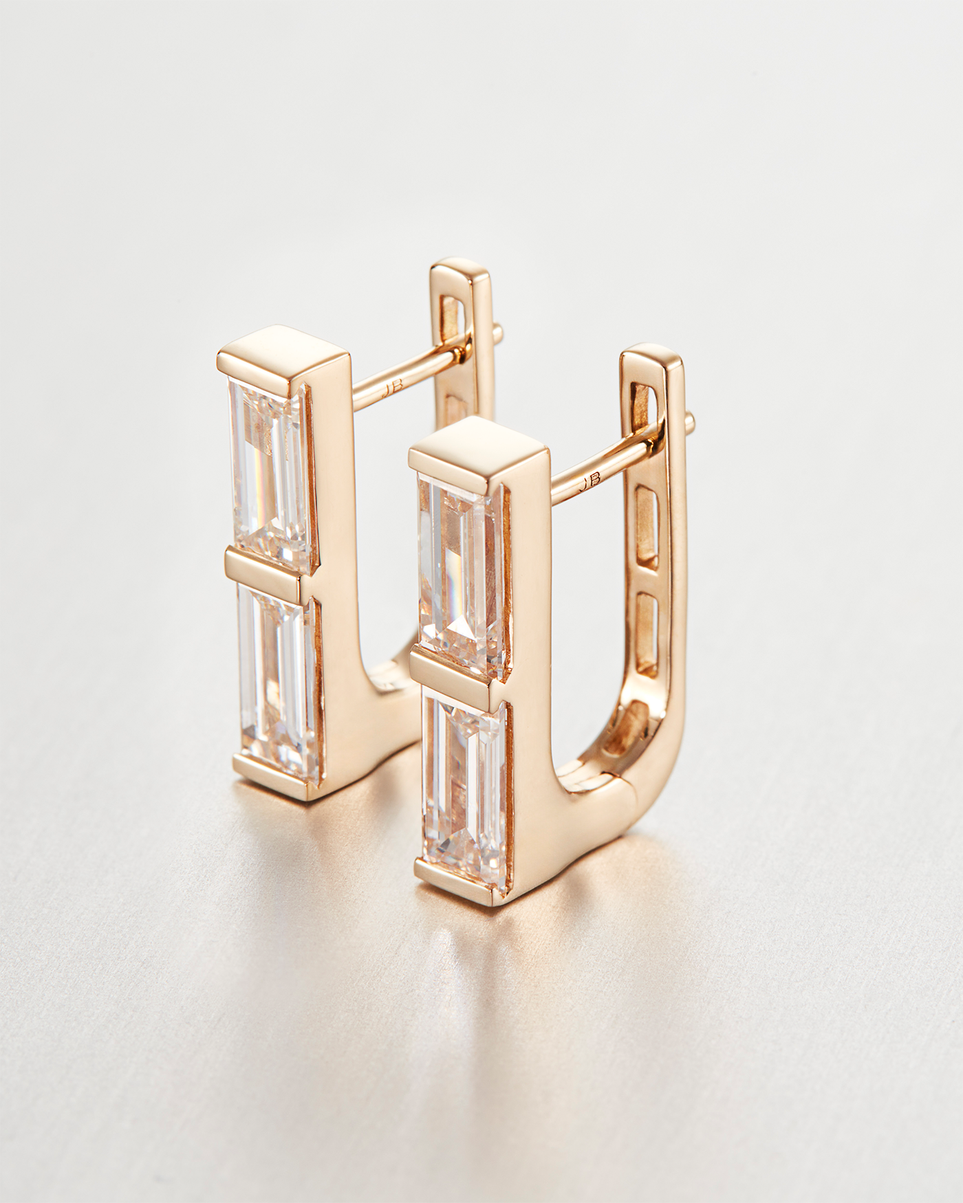 14K Stacked Baguette Diamond Huggie Earrings