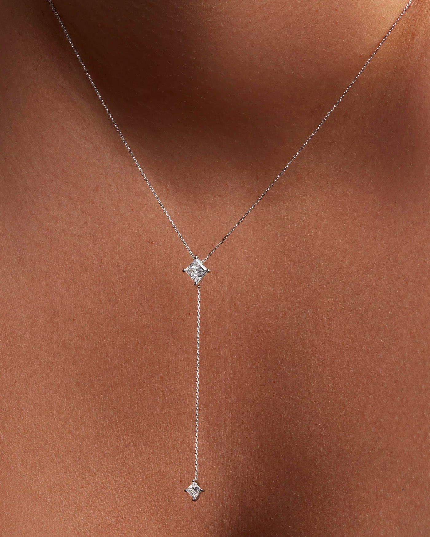 14K Princess Cut Double Diamond Lariat Necklace