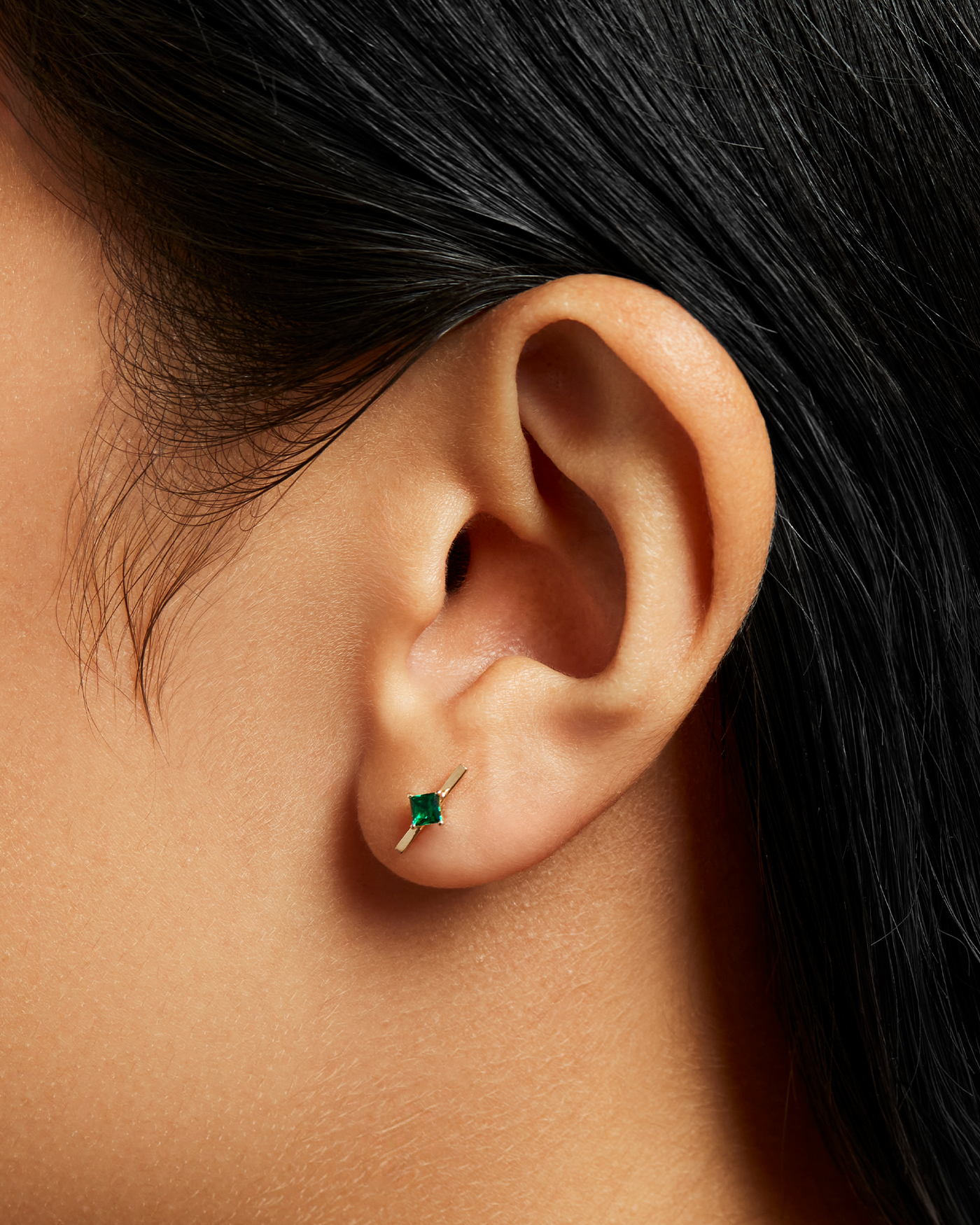 14K Gold Lab Grown Emerald Bar Stud Earrings