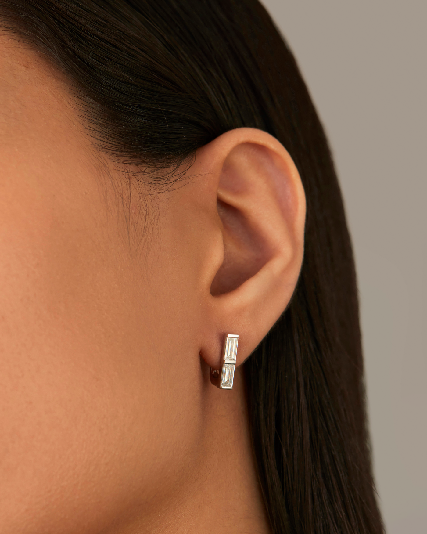 14K White Gold Lab Grown Diamond Stacked Baguette Huggie Earrings