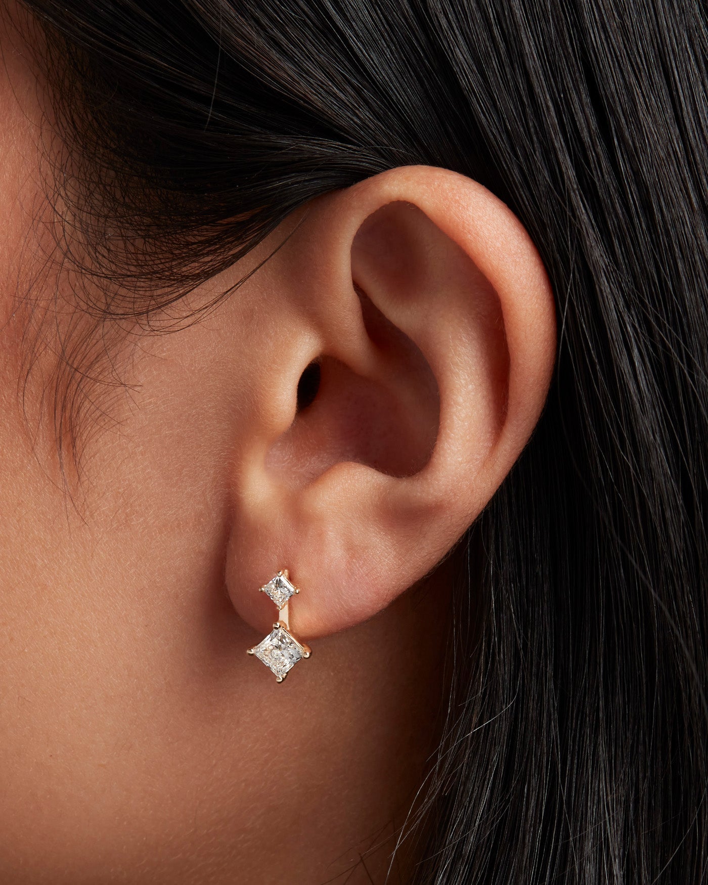 14K Princess Cut Double Diamond Drop Earrings