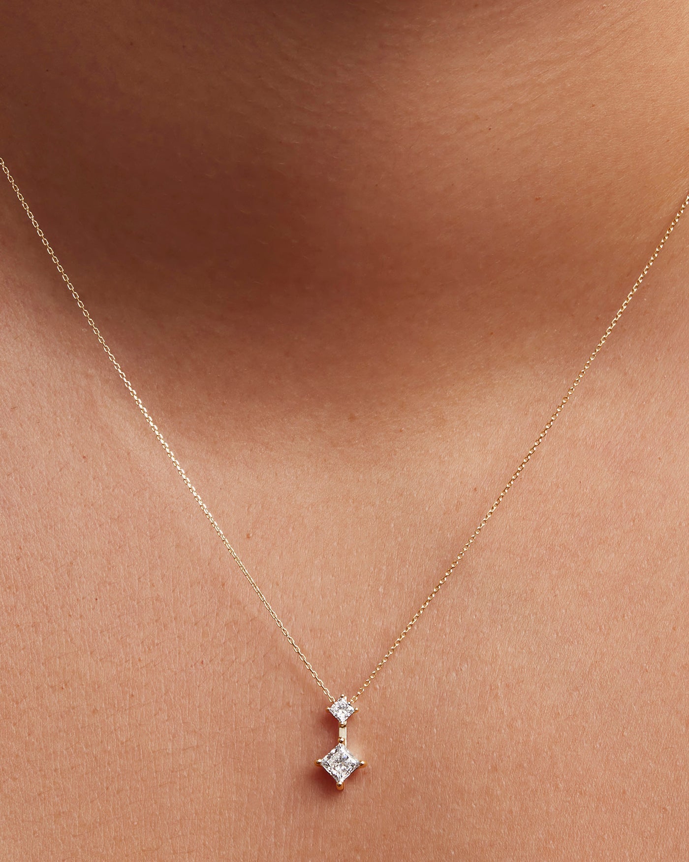 14K Princess Cut Double Diamond Pendant Necklace