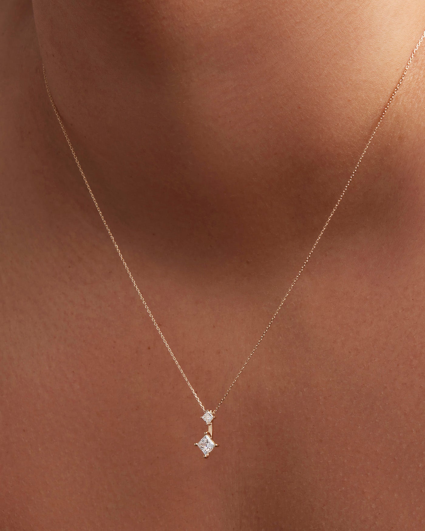 14K Princess Cut Double Diamond Pendant Necklace