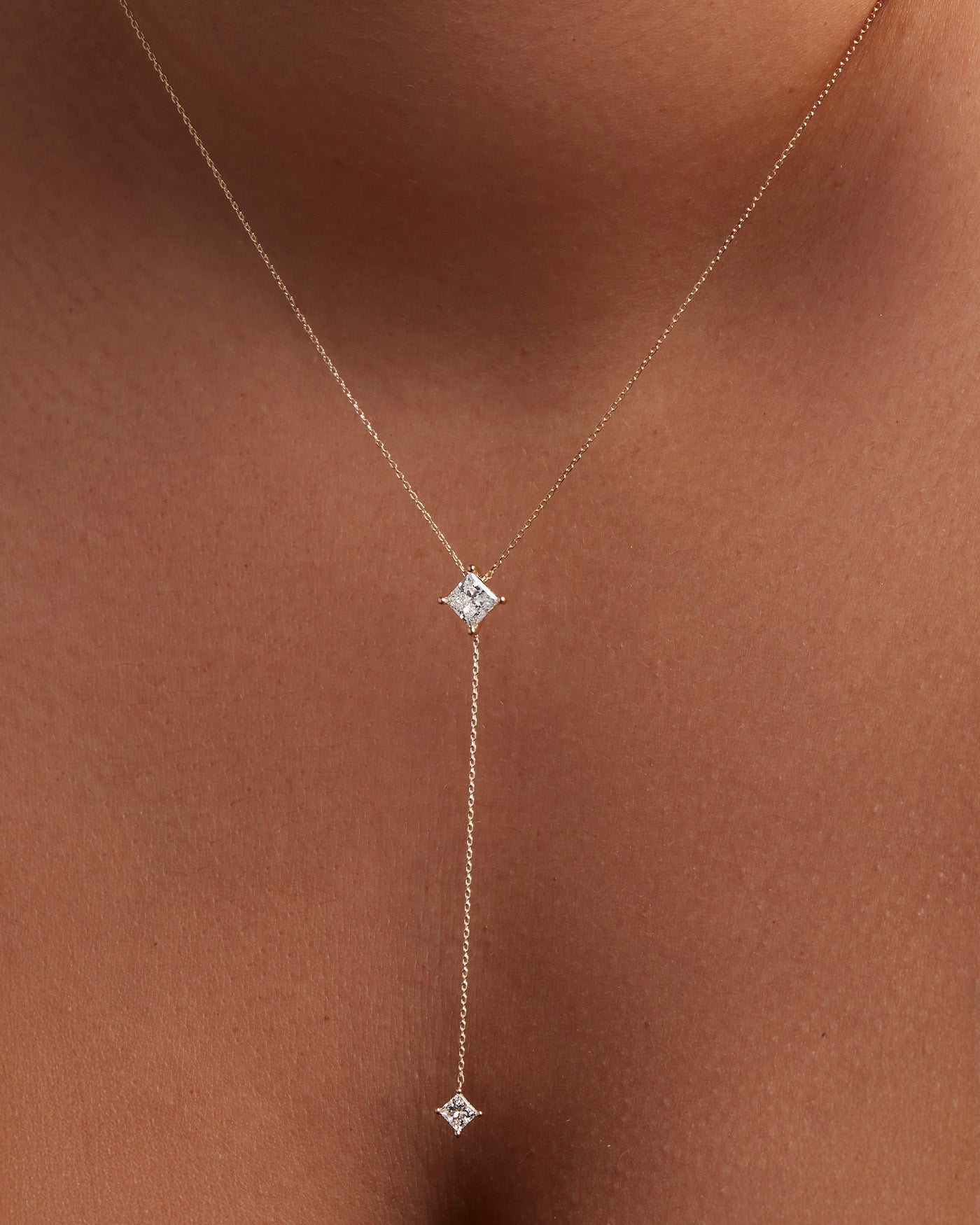 14K Princess Cut Double Diamond Lariat Necklace