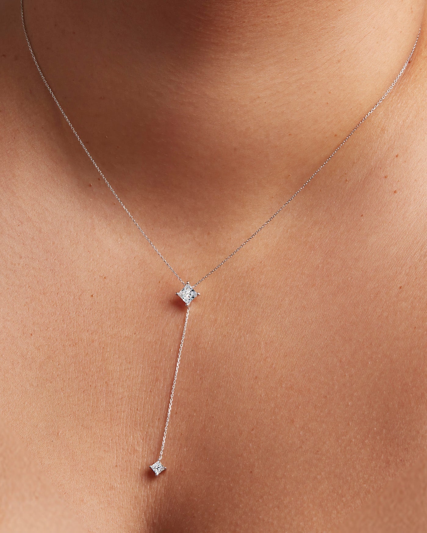 14K Princess Cut Double Diamond Lariat Necklace