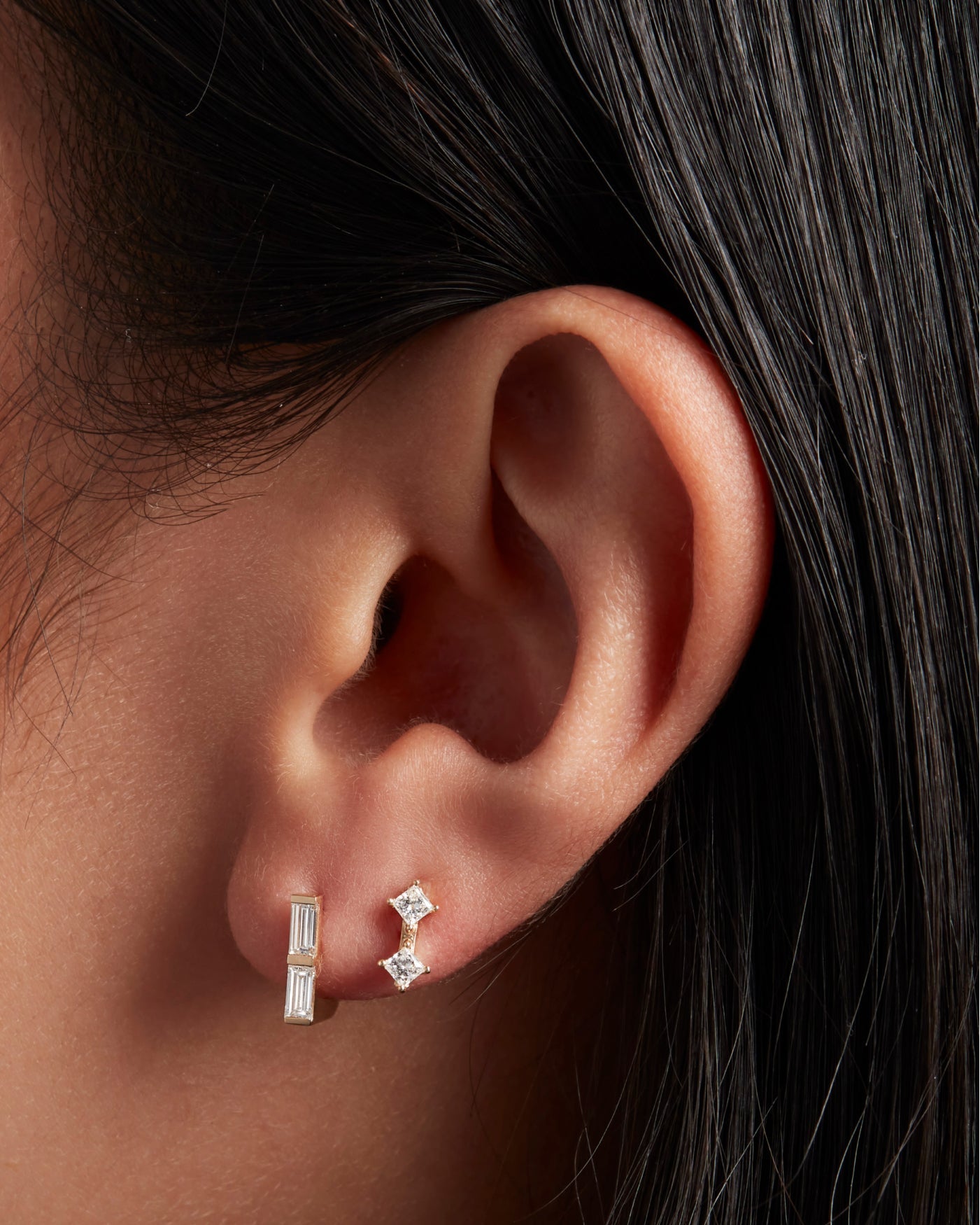 14K Princess Cut Double Diamond Stud Earrings