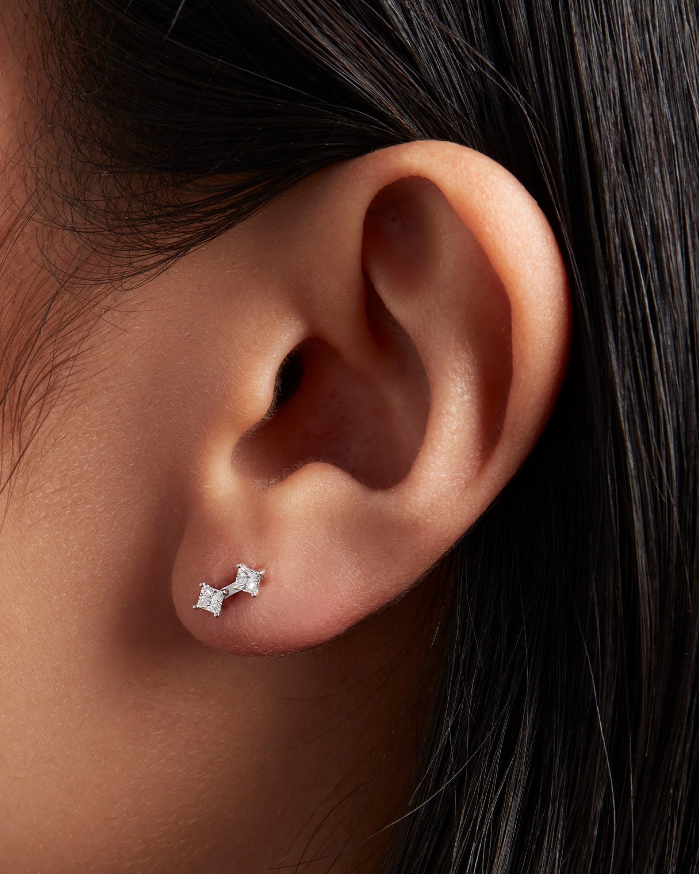14K Princess Cut Double Diamond Stud Earrings